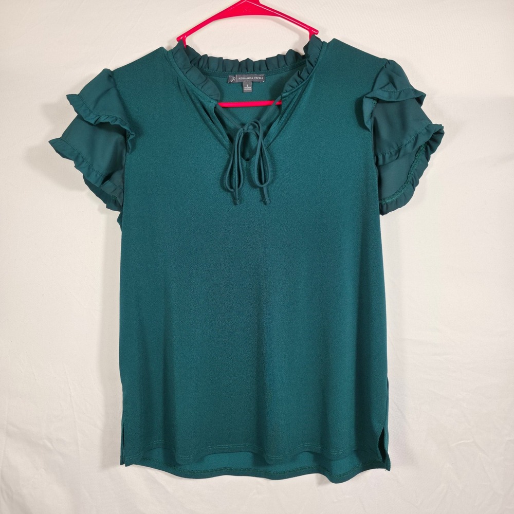 Adrianna Papell Blouse Womens S Teal Excellent Ruffle Neck Flutter Sleeve Top